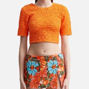 Ganni Cotton Poplin O Neck Shirred Crop Top in Orange - Size 44 XL